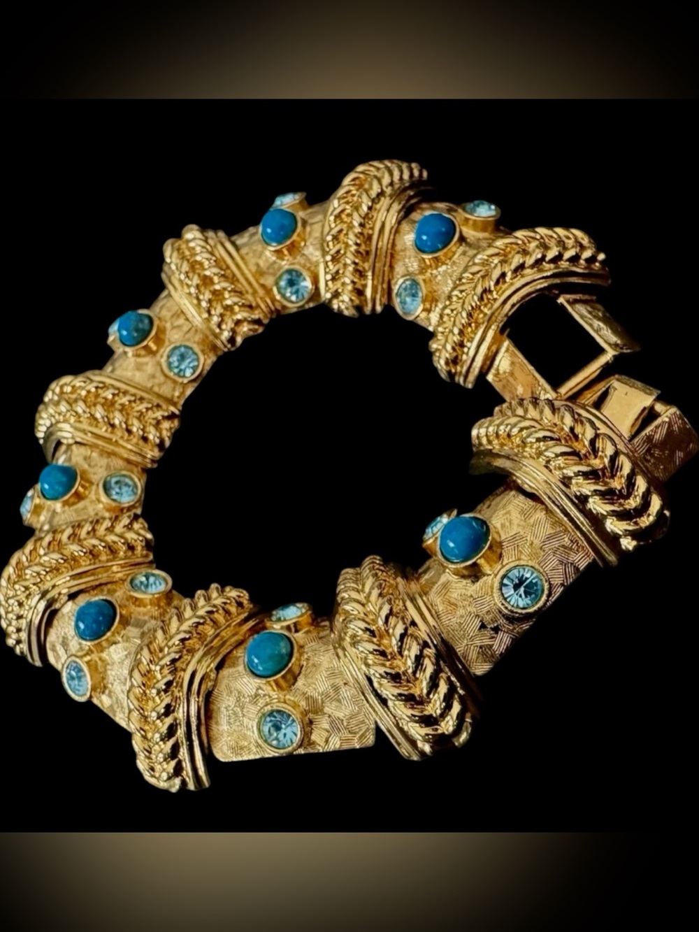 JBK Bracelet Turquoise Cabochon Blue Crystal Gold Link Wide